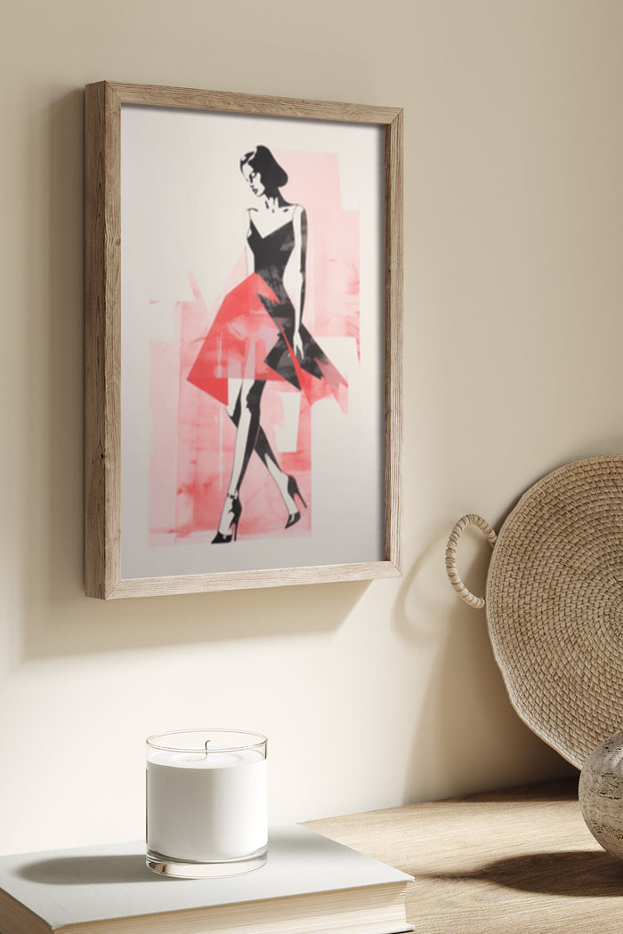 Vintage black and red fashion illustration poster framed in wood on a home interior wall