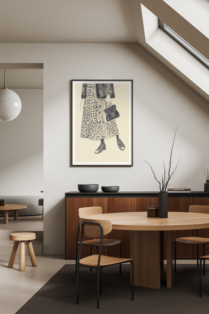 Vintage fashion illustration poster displayed in contemporary dining room decor