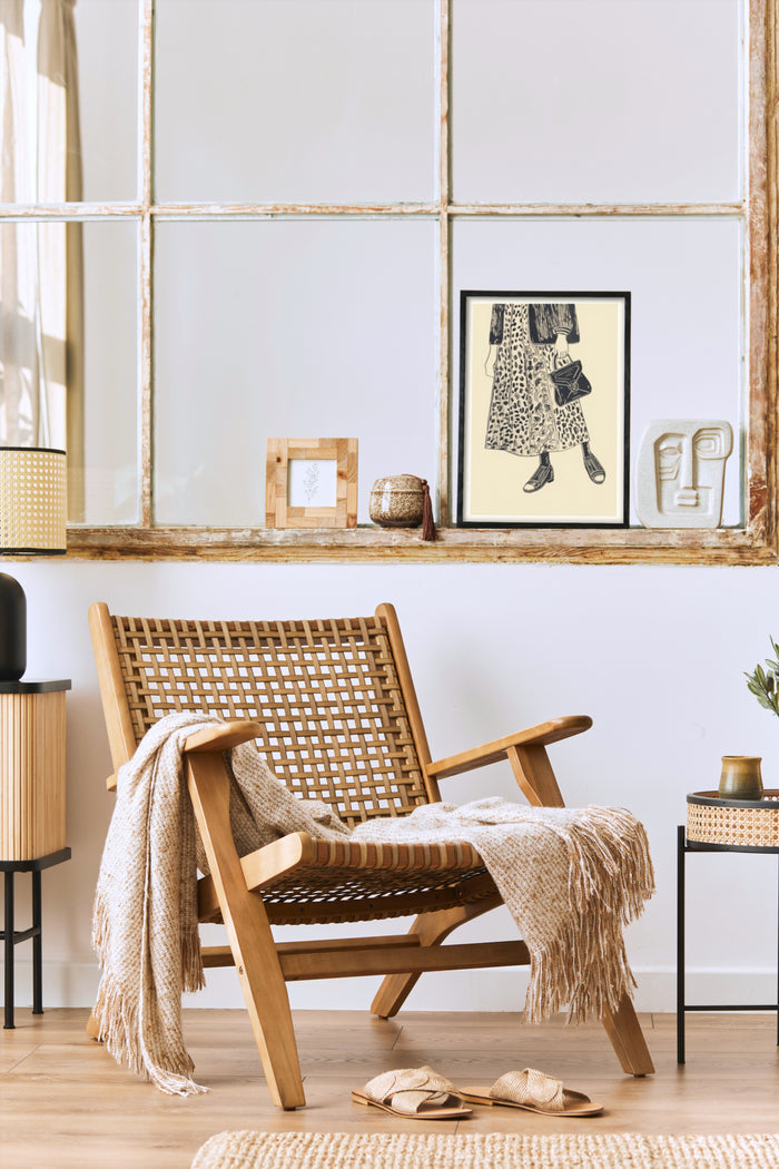 Stylish interior with a vintage fashion poster, modern chair, and decorative items