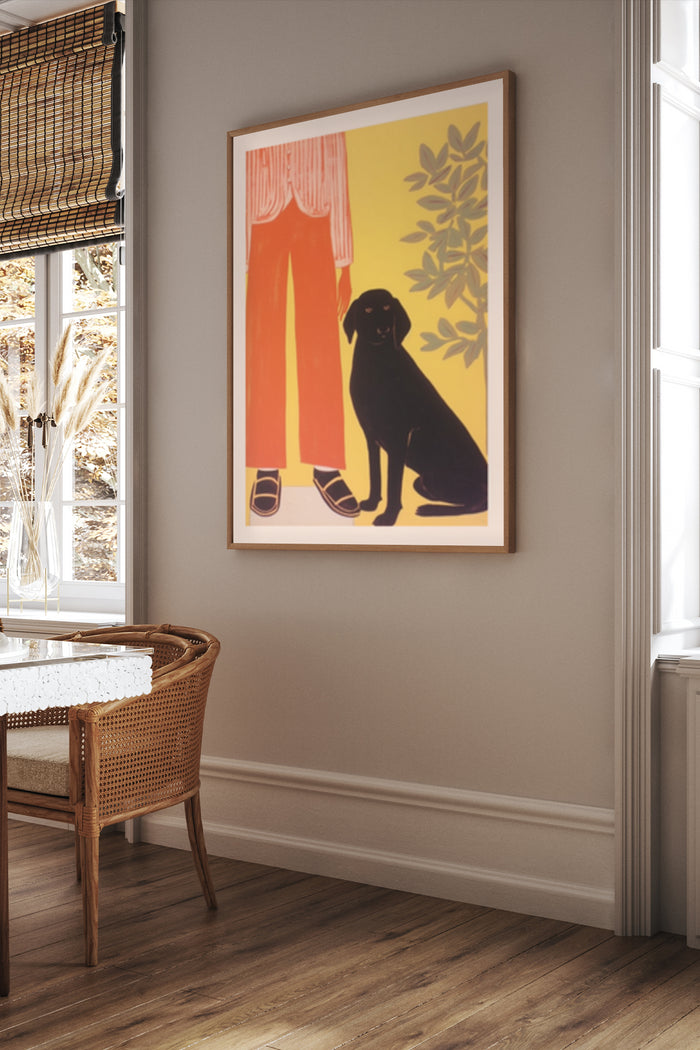 Vintage style fashion poster featuring a woman's orange pants, black shoes, and a black dog against a yellow background, mounted in a modern interior