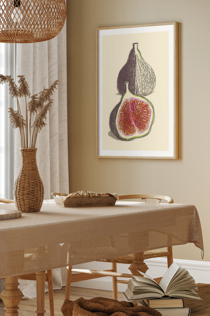 Vintage fig fruit illustration poster framed in a dining room setting