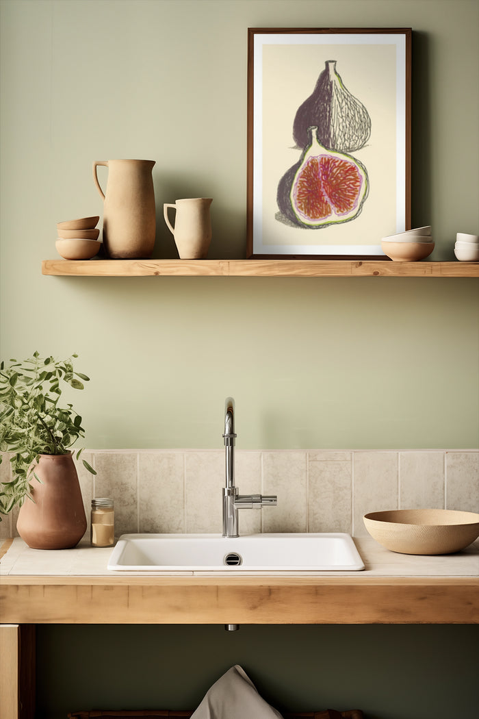 Vintage fig artwork poster displayed on kitchen shelf with minimalist pottery decor