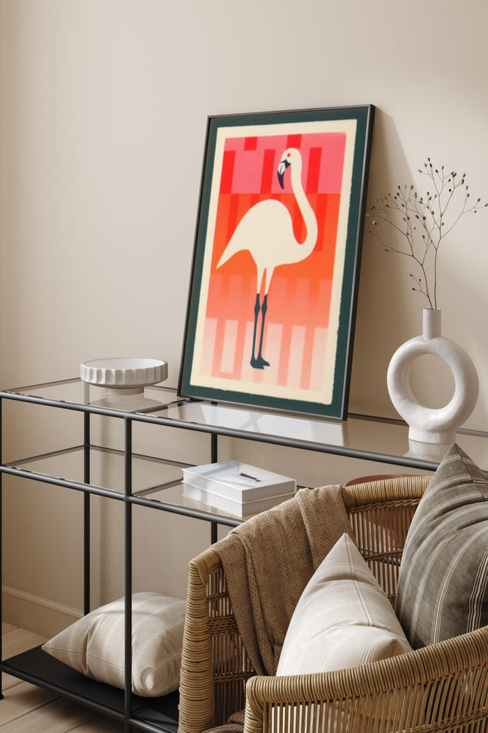 Vintage flamingo poster with vibrant orange backdrop in stylish home interior