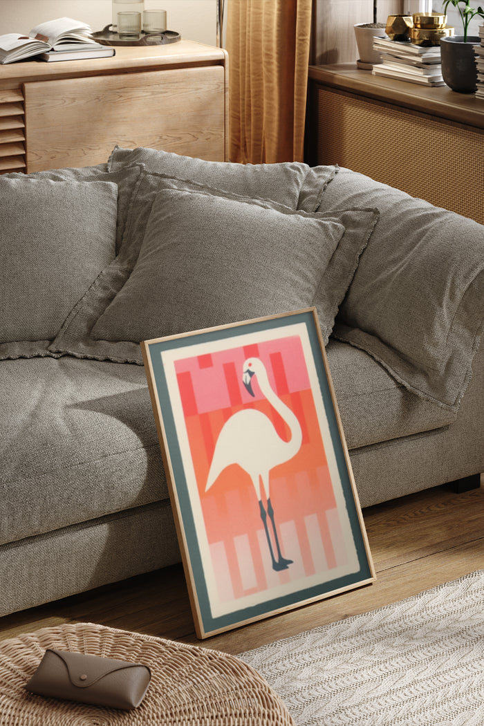 Retro style flamingo poster in modern living room interior