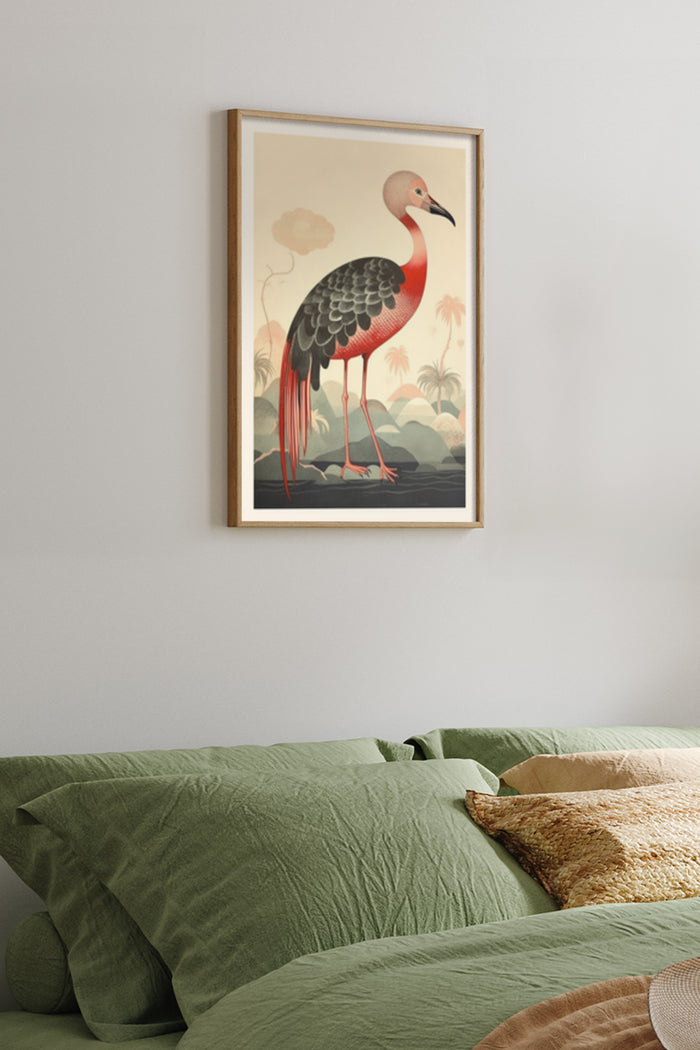 Elegant vintage flamingo poster with tropical background framed on bedroom wall