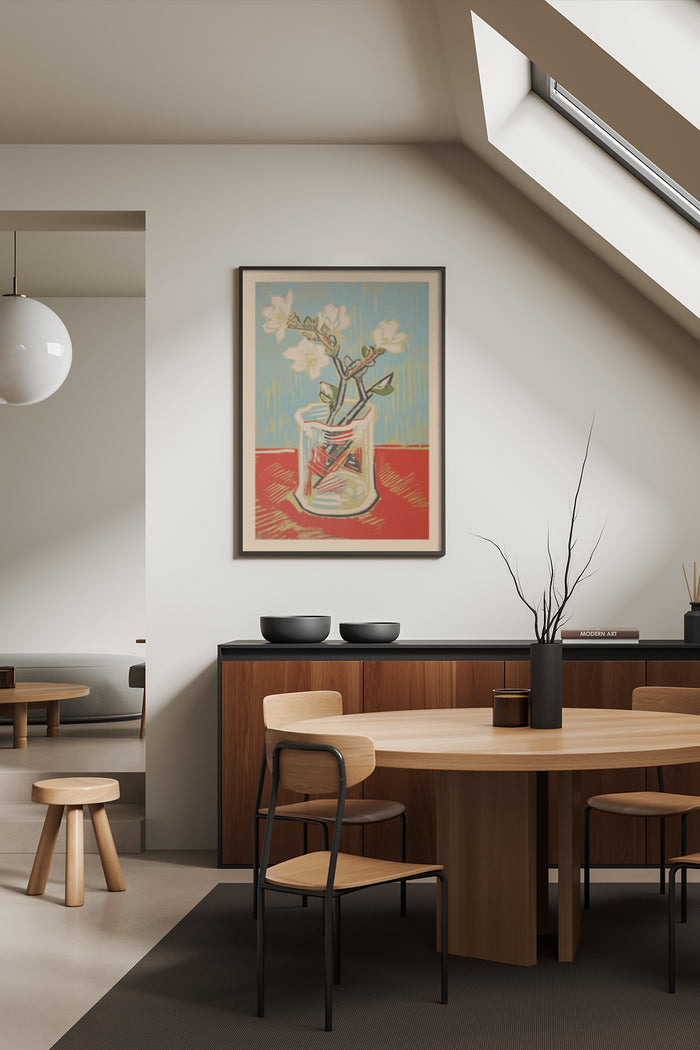 Vintage floral painting in contemporary styled dining room, showcasing modern home decor with artwork