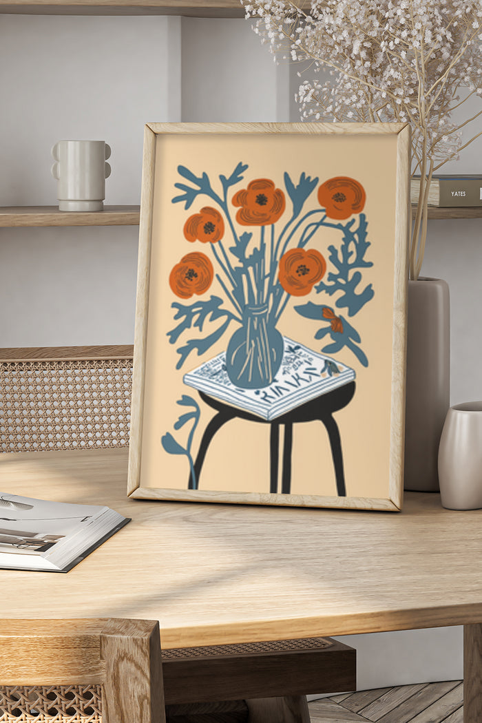 Vintage floral poster with orange flowers in blue vase on table, minimalist interior design