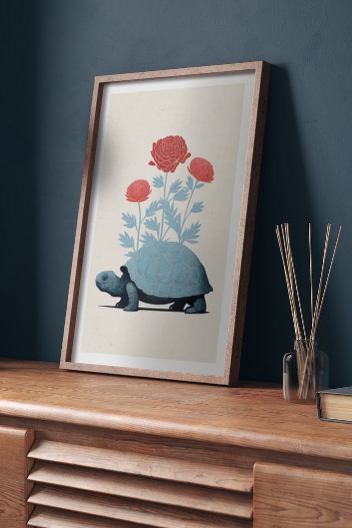 Vintage floral and tortoise illustration poster in wooden frame