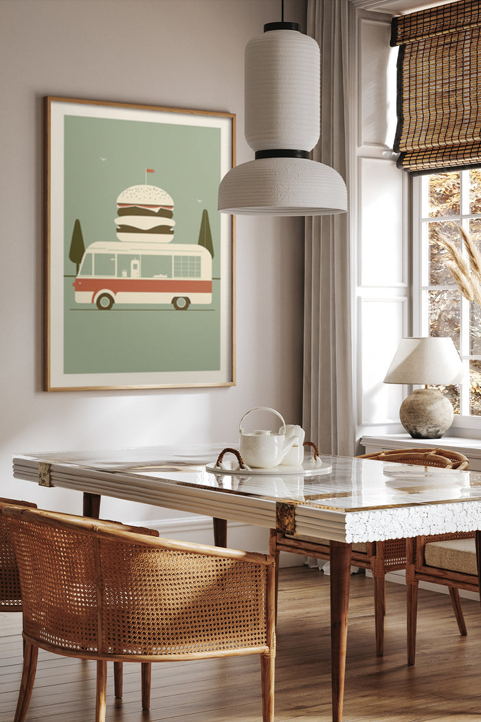 Retro styled food truck with giant burger poster in modern dining room decor