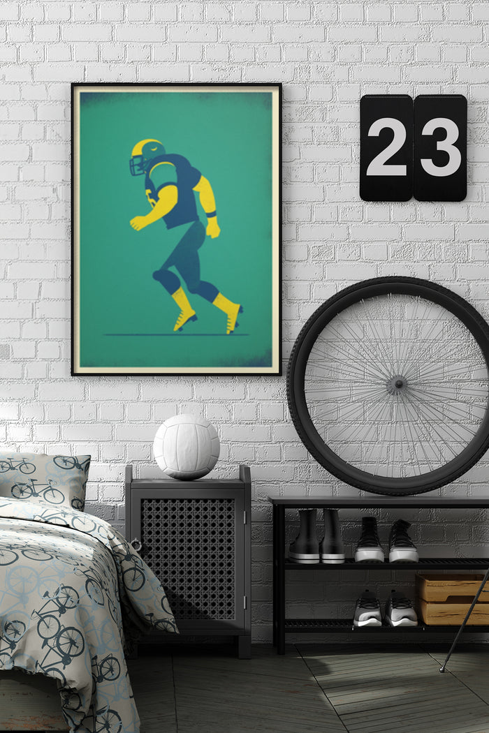 Vintage style football player artwork in a trendy bedroom setting