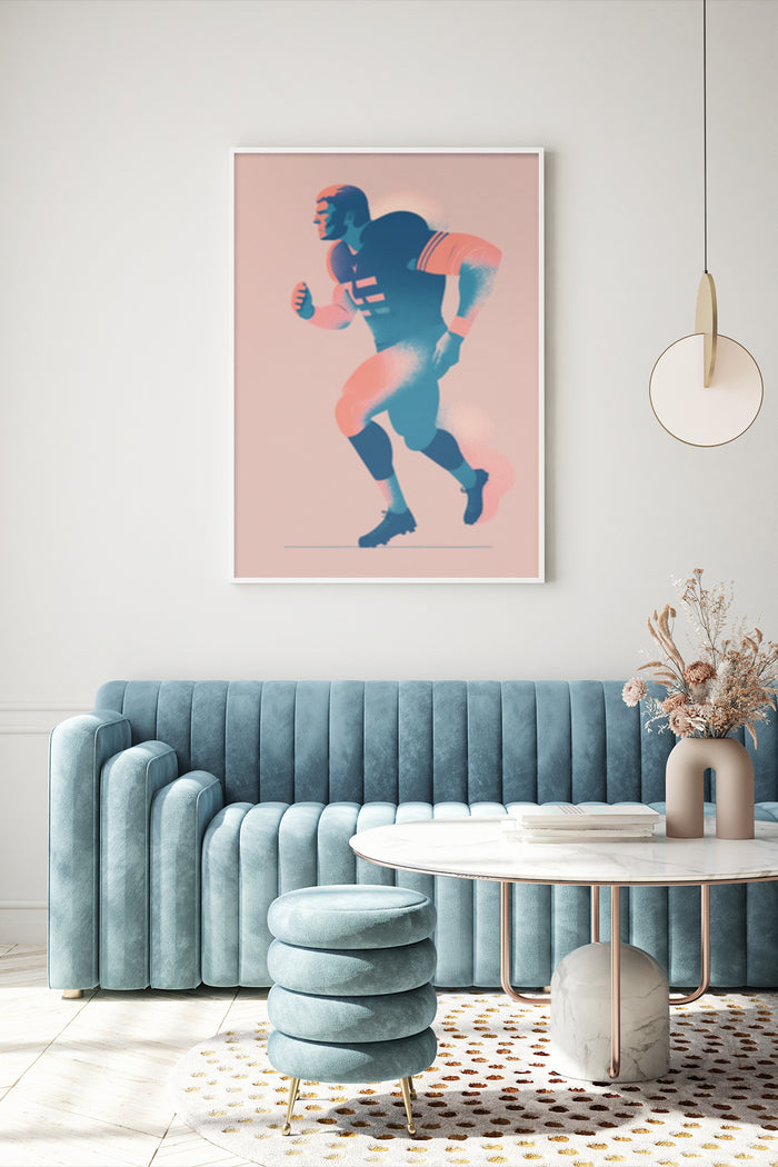 Vintage-style football player art poster displayed in a contemporary living room setting