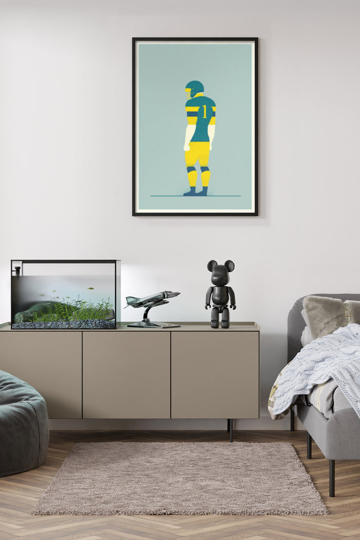 Vintage Minimalistic Football Player Poster in a Modern Living Room