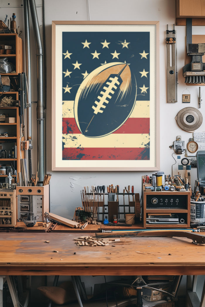 Vintage styled football poster with American stars and stripes hanging in a workshop