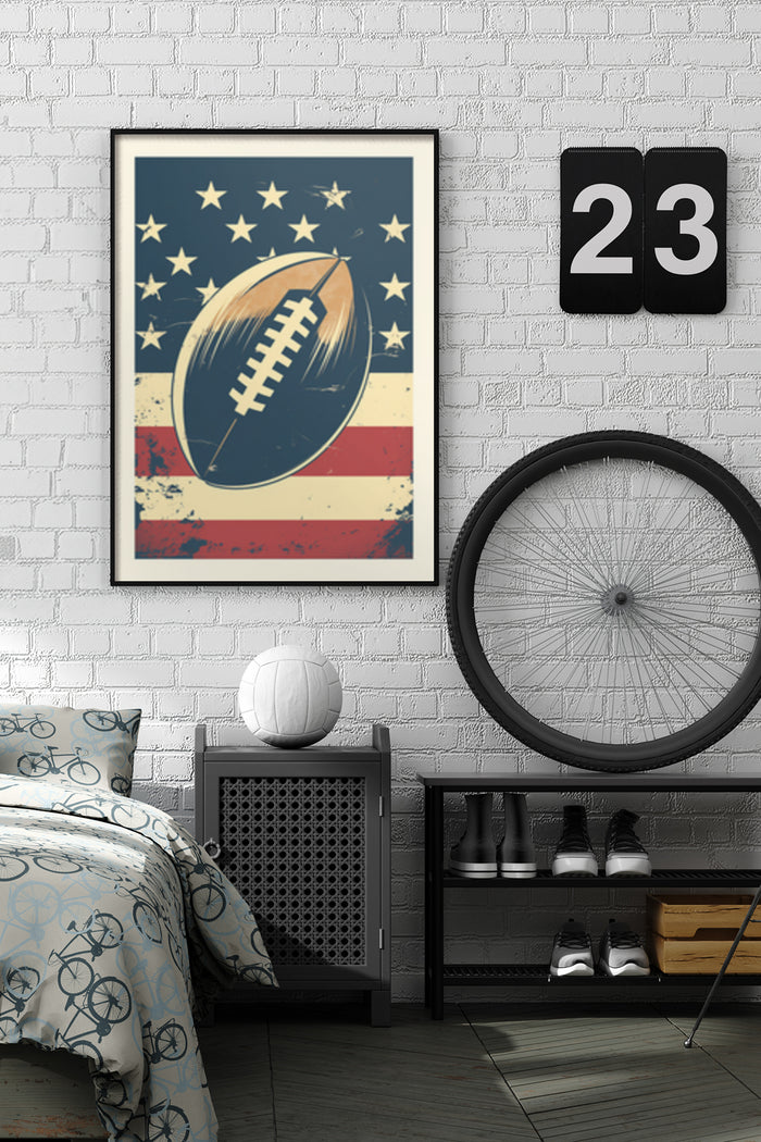 Vintage American football poster with stars and stripes hanging in a modern bedroom
