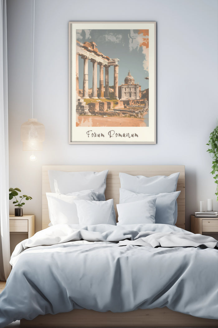 Vintage travel poster of Forum Romanum on bedroom wall