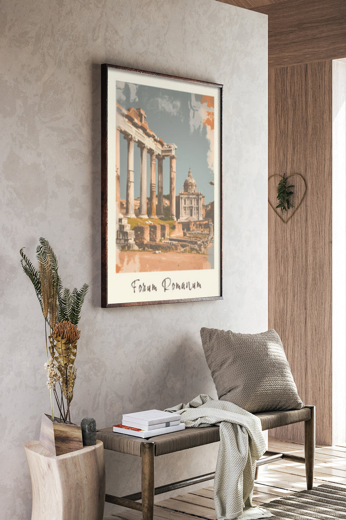 Vintage Forum Romanum poster in a stylish interior with a cozy bench and decorative plants