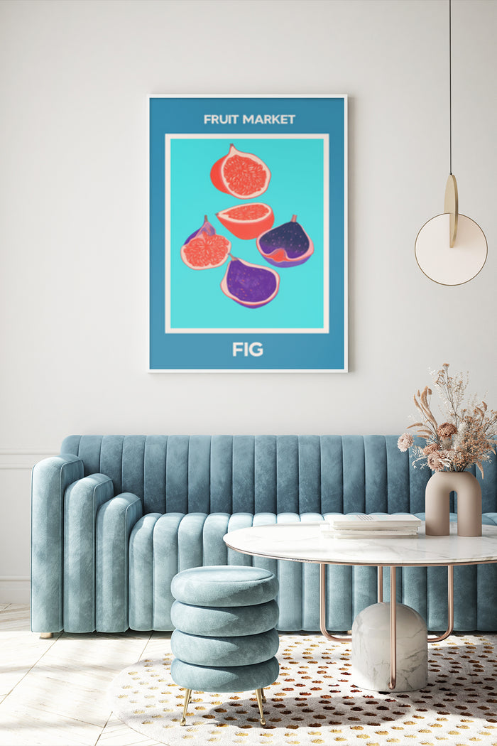 Retro style fruit market poster with fig illustrations hanging in a modern interior