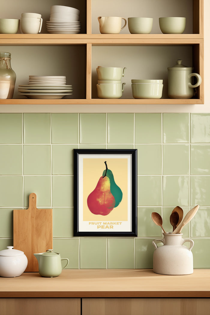 Vintage Fruit Market Pear Poster in Modern Kitchen Interior