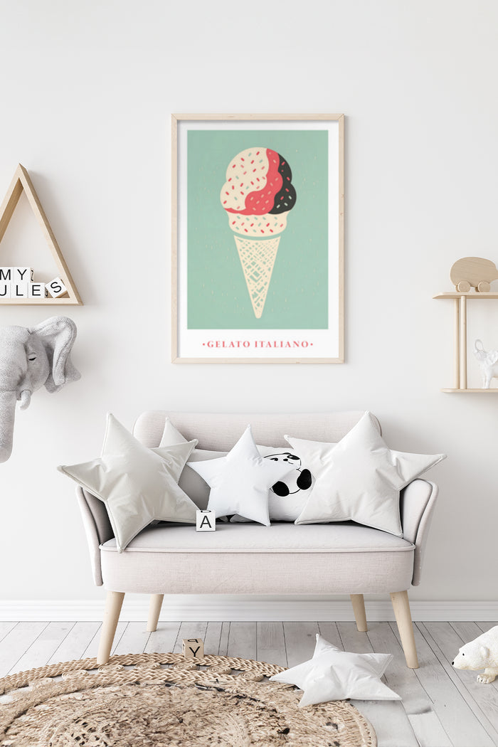 Vintage Gelato Italiano ice cream poster art in a modern living room setting