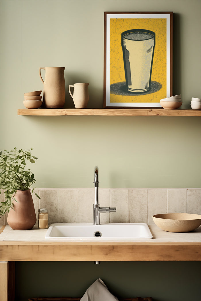Vintage glass artwork poster in a cozy kitchen setting with earth tone ceramics