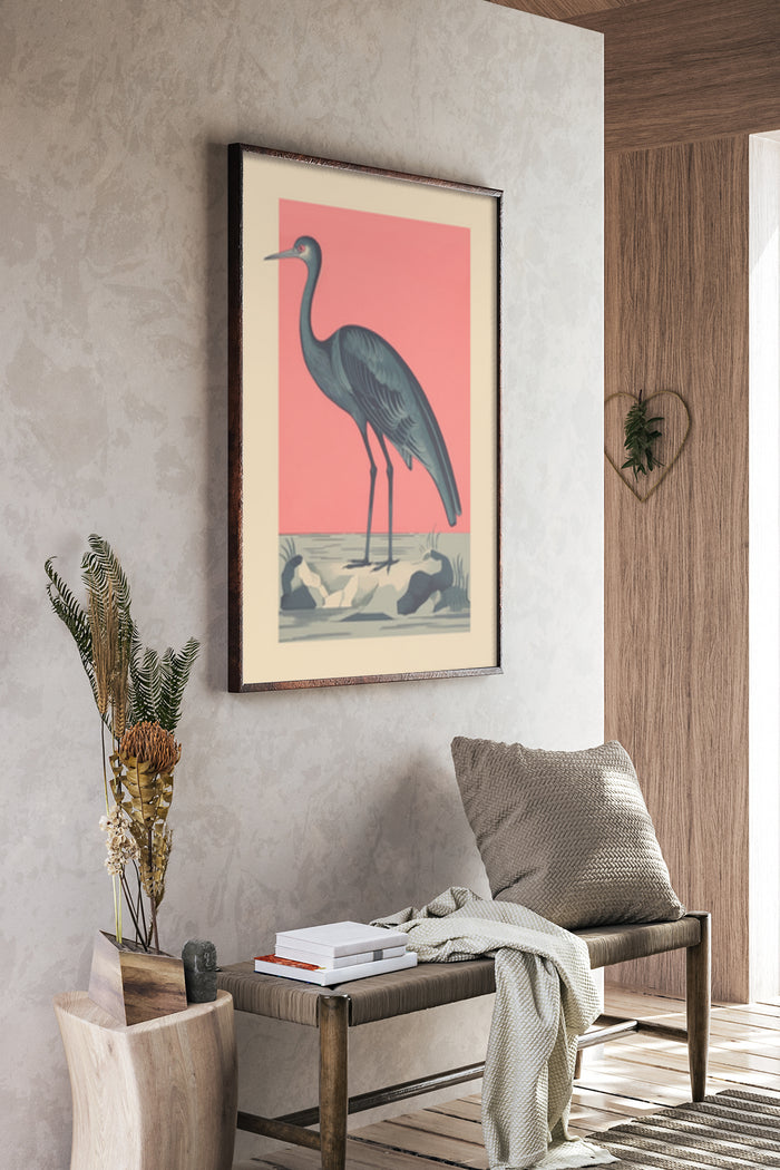 Stylish vintage heron poster art in modern interior setting