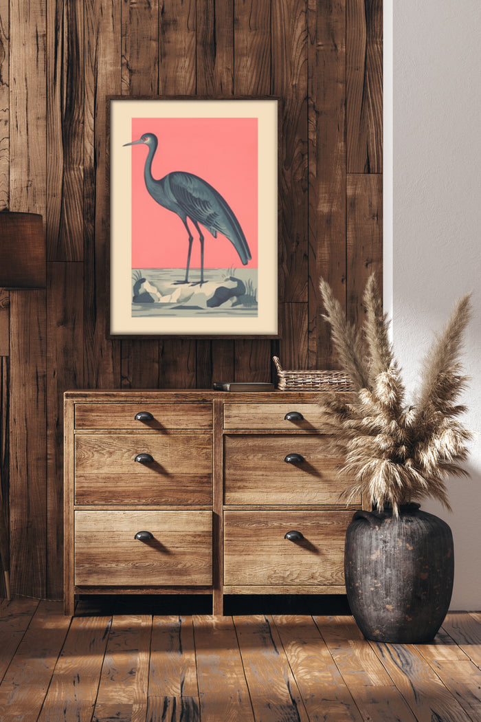 Vintage Heron Poster in Wooden Frame on Rustic Home Interior Wall