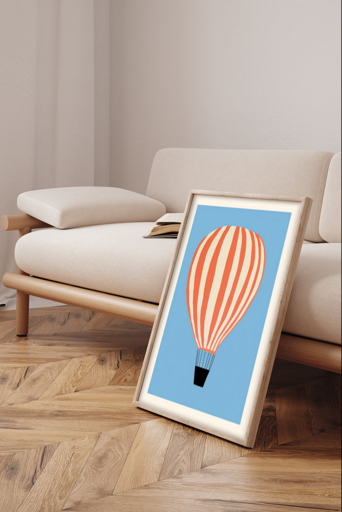 Vintage striped hot air balloon poster framed in a modern living room setting