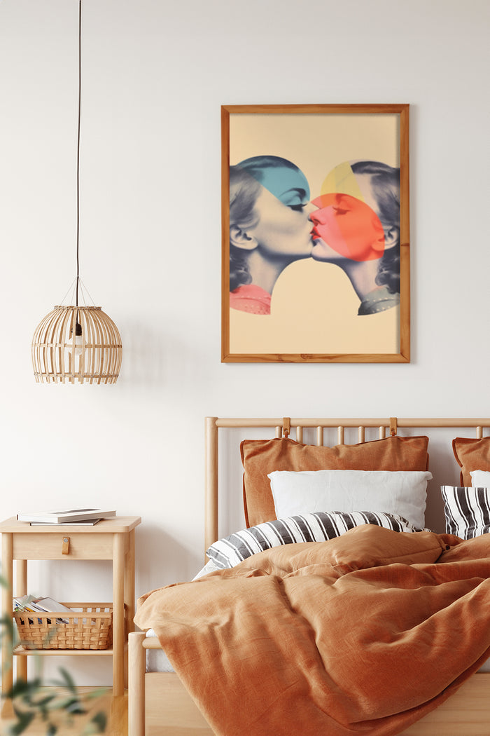 Colorful vintage inspired poster of two faces kissing in a modern bedroom interior