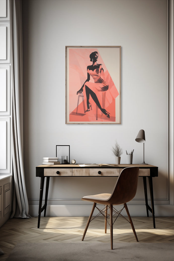 Vintage Inspired Fashion Poster in Modern Interior with Wooden Desk and Chair