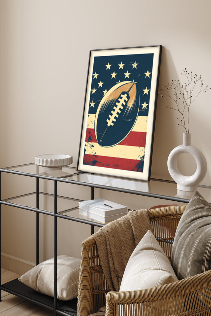 Vintage inspired football poster with stars design, displayed in a stylish living room