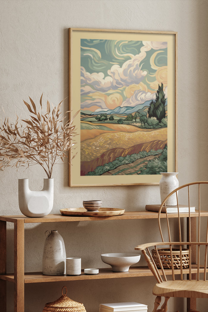 Stylish vintage inspired landscape poster art framed on a warm interior wall, accompanied by minimalist decor