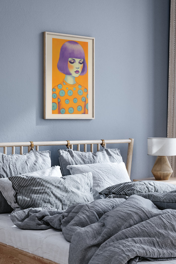 Vintage Inspired Pop Art Style Poster with Purple Haired Woman in Bedroom Interior