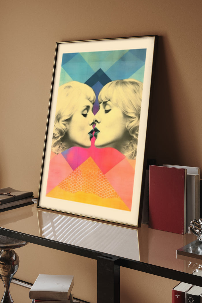 Vintage inspired pop art poster of mirrored woman's face with colorful geometric background in a modern interior setting
