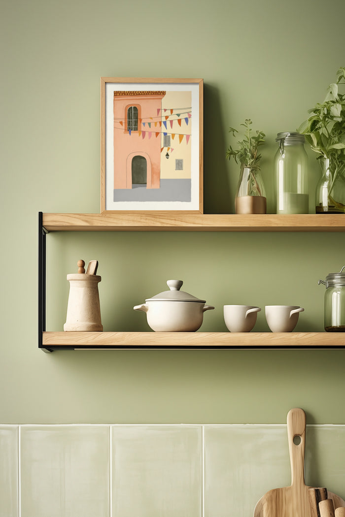 Framed vintage Italian festival poster with pastel building and flags on wall shelf with kitchen items
