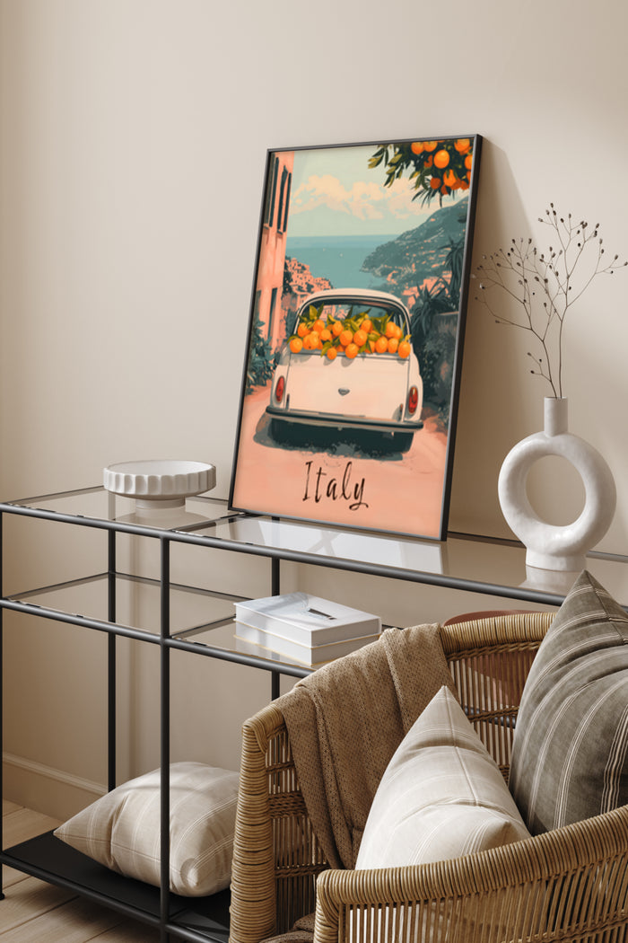 Vintage travel poster of Italy featuring classic car with oranges overlooking the sea