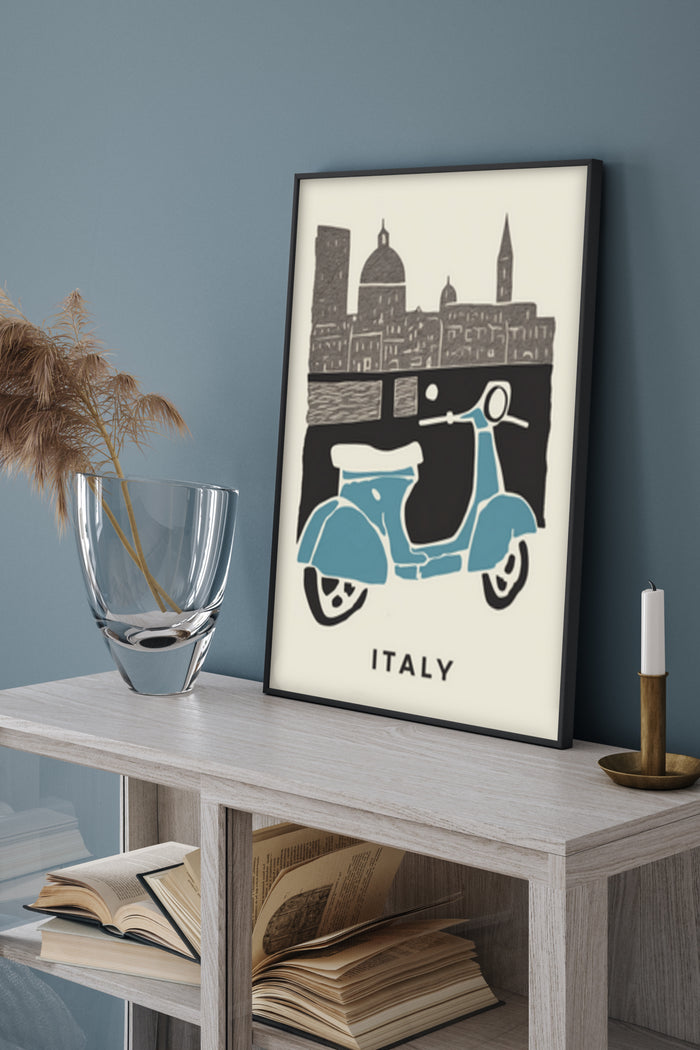 Vintage Italy poster featuring Vespa scooter and historic skyline