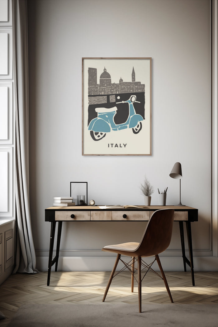 Retro travel poster featuring Vespa scooter and Italy cityscape artwork in a stylish interior