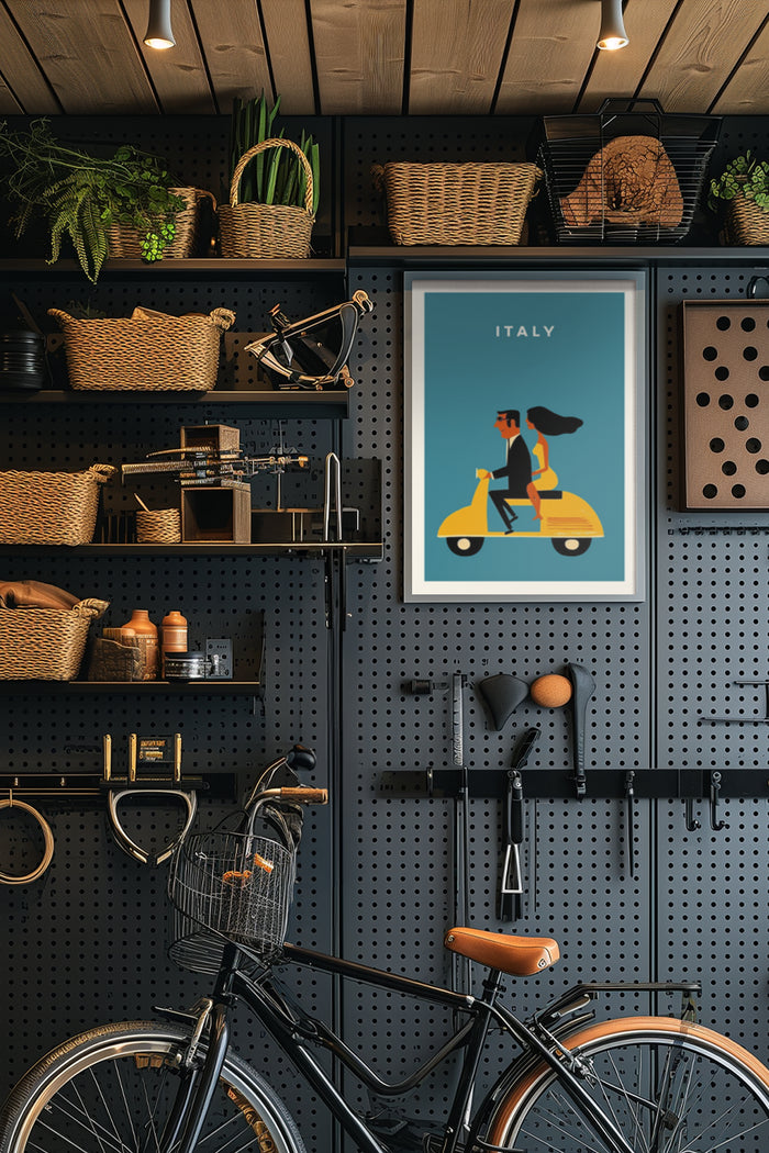 Italy travel poster with Vespa scooter in stylish interior decor with shelves, plants, and bicycle
