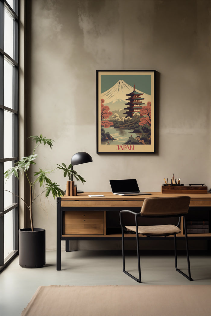 A vintage travel poster promoting Japan, featuring Mount Fuji and pagoda, displayed in a contemporary office interior