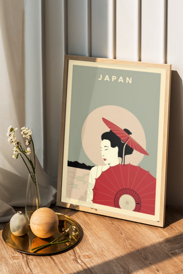 Vintage Japan travel poster featuring a geisha with a red fan in a wooden frame