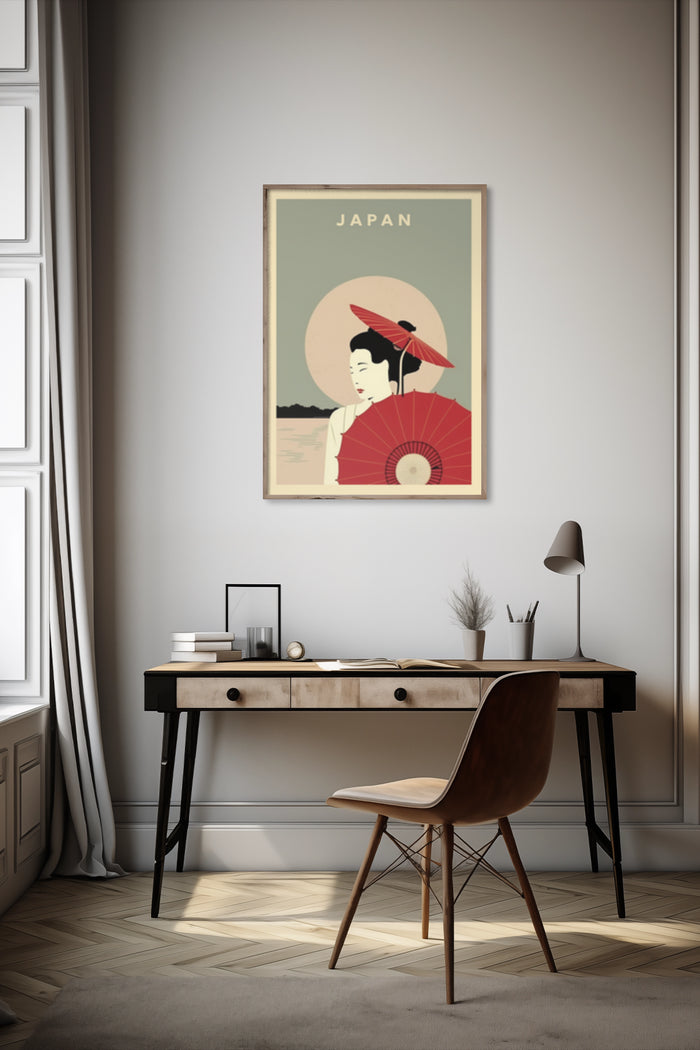 Vintage Japanese travel advertisement poster featuring a Geisha with red umbrella and parasol in a sunlit stylish home office