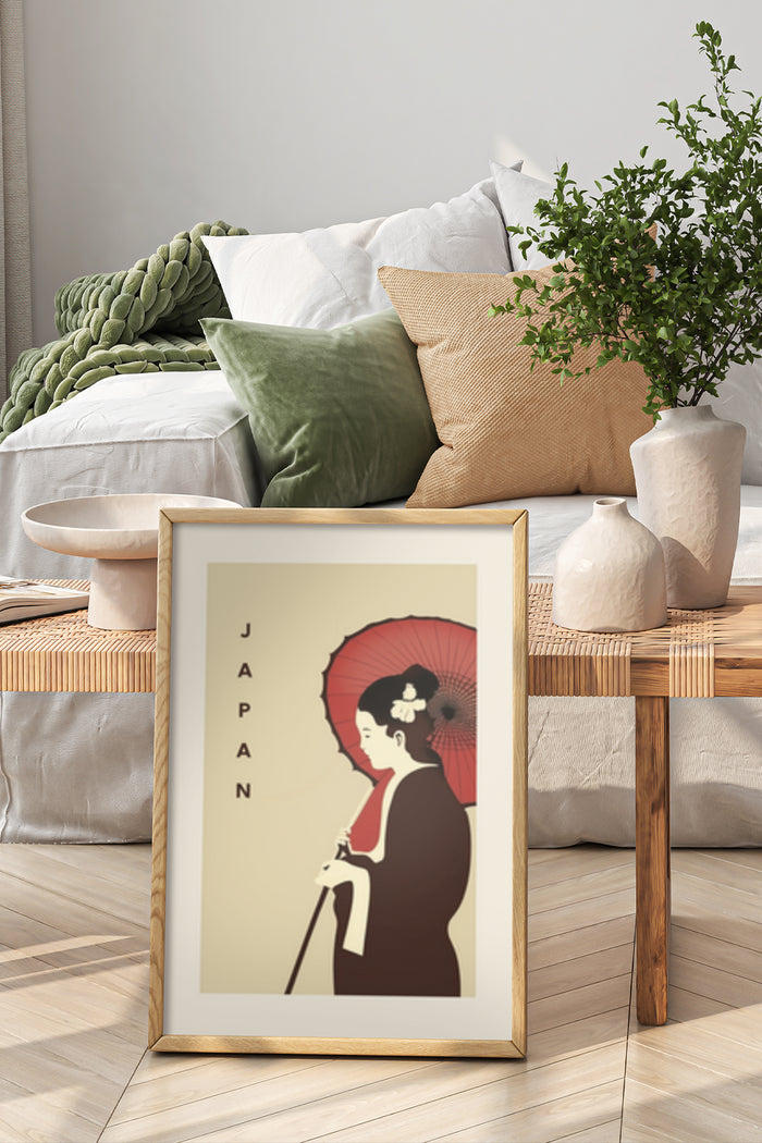 Vintage Japanese travel poster featuring a Geisha with a red umbrella in a modern bedroom setting