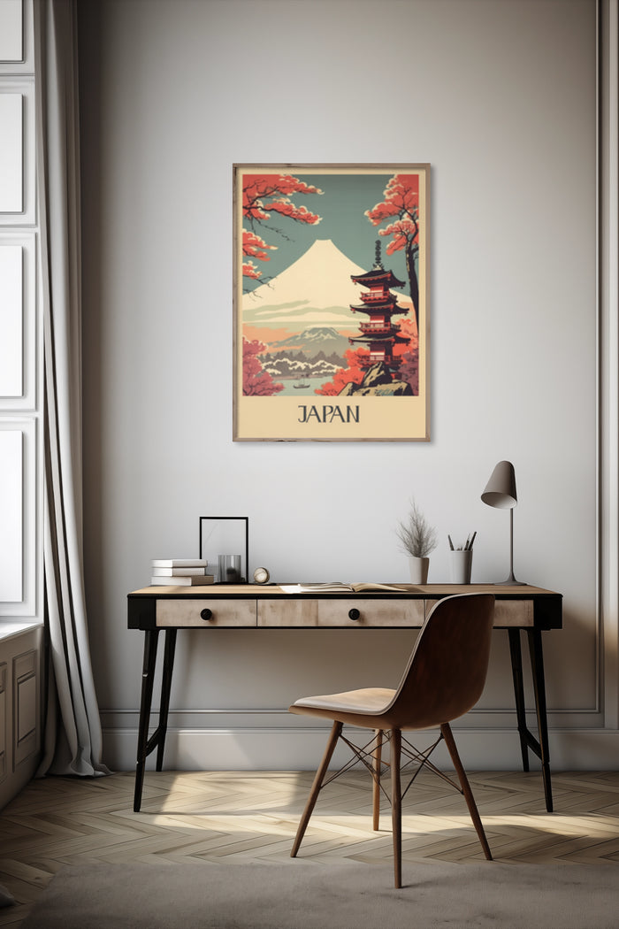 Vintage travel poster of Japan featuring Mount Fuji, red pagoda, and cherry blossoms in stylish interior