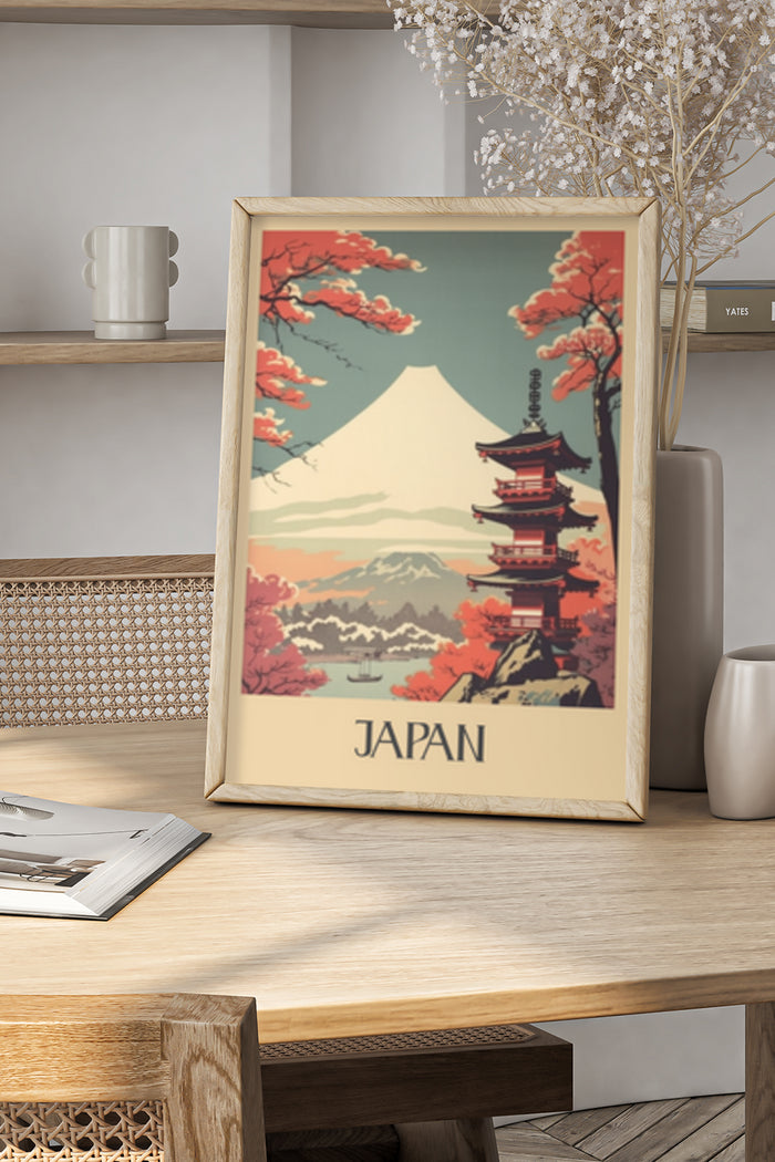Vintage Japan travel poster featuring Mount Fuji, cherry blossoms, and pagoda