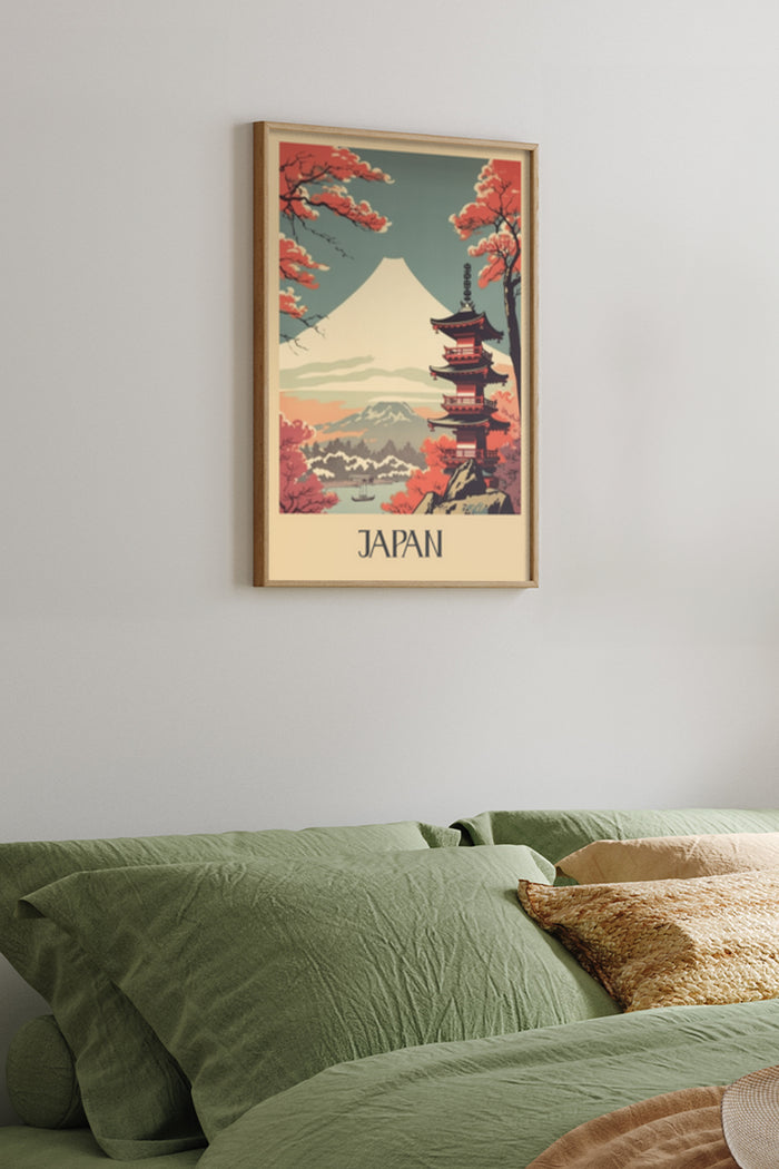 Vintage travel poster of Japan featuring Mount Fuji, pagoda, and cherry blossoms in bedroom setting