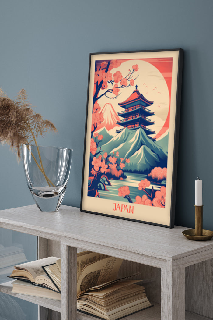 Vintage Japan travel poster featuring Mount Fuji and cherry blossoms in a stylized design
