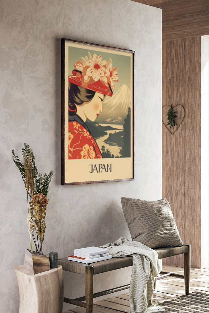 Vintage style Japan travel poster featuring Mount Fuji, geisha with floral headpiece in a home interior