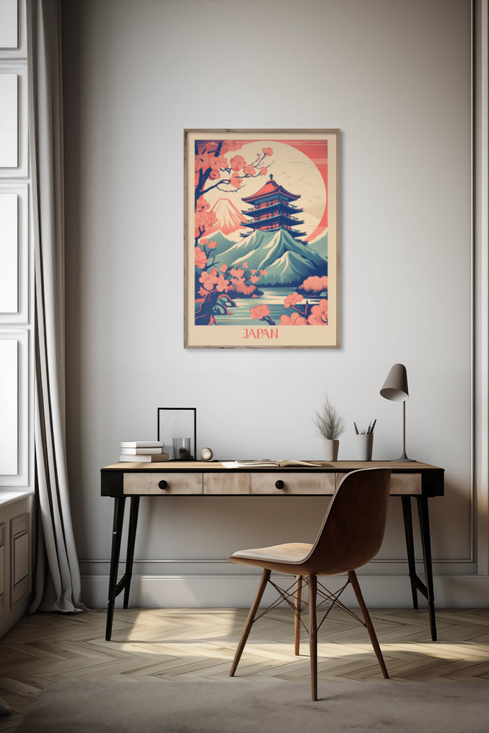 Vintage Japan travel poster featuring Mount Fuji and cherry blossoms in home office setting