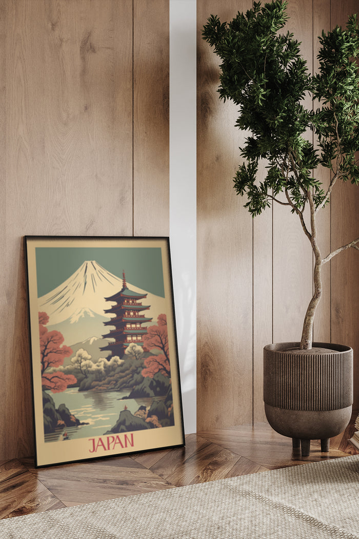 Vintage style Japan travel poster featuring Mount Fuji, pagoda, and autumn trees in interior setting