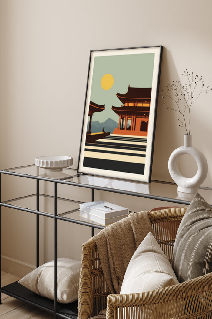 Vintage Japanese temple and mountain scenery art poster in a modern living room